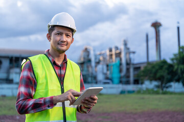 Asian engineer wearing safety helmet and reflective vest using a tablet during outdoor industrial...