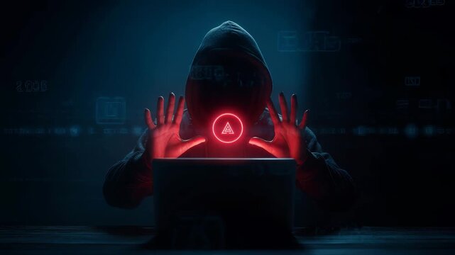 Menacing anonymous hacker in hoodie faces glowing red security warning on laptop