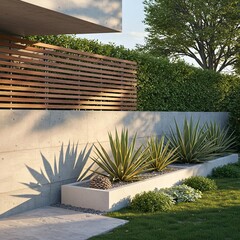 modern house in the garden, Modern garden fence with wooden slats, grey concrete wall. Rich greenery, plants create contemporary backyard design. Sunlight, shadow play on architectural structure, offe