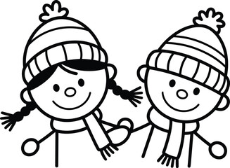 Happy kids in winter clothes, cartoon children in hats, cute stick figure drawing, winter season illustration, child character vector art