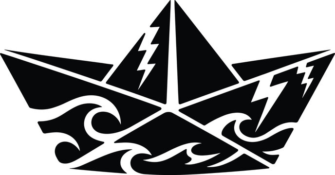 Origami boat with lightning and waves paper boat thunderbolt