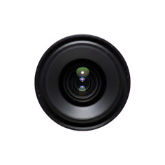 Closeup view of a camera lens, isolated on transparent background