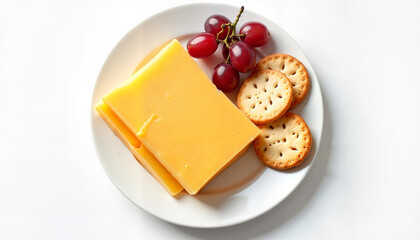 Cheese slices with crackers and grapes on a white plate  