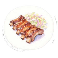 Watercolor Illustration of BBQ Ribs with Coleslaw on Plate