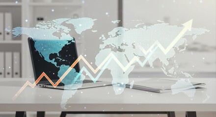 Global Business Growth: World Map with Upward Arrow and Laptop.