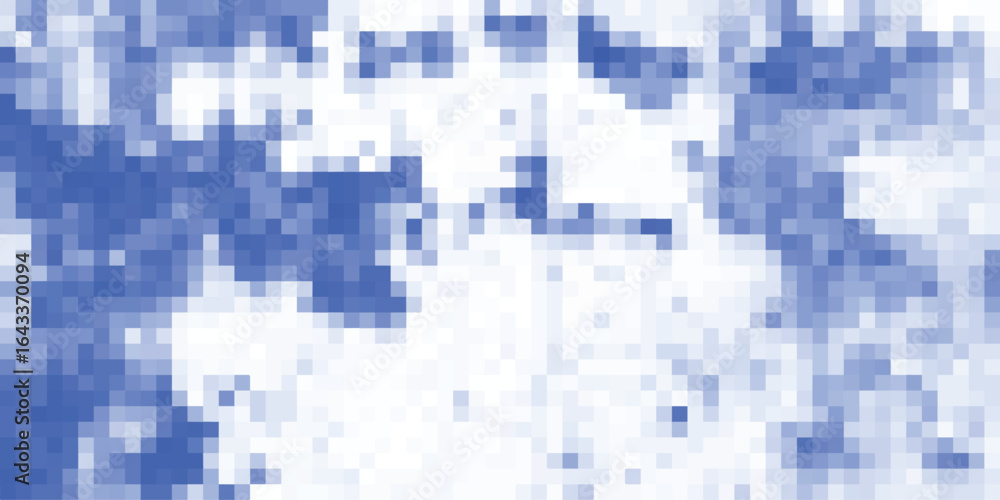 Poster abstract pixelated digital illustration featuring a mosaic of overlapping blue and white squares cre