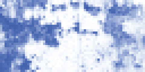 Abstract pixelated digital illustration featuring a mosaic of overlapping blue and white squares creating a cloudy or textured surface design
