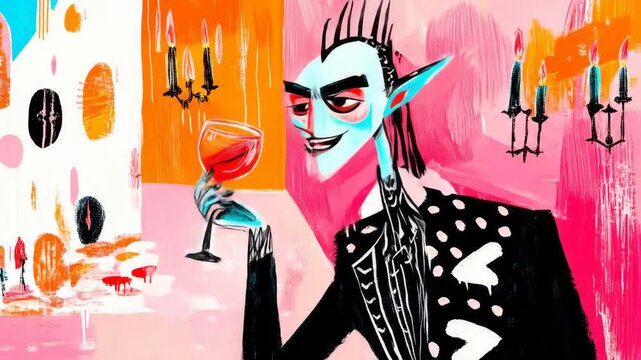 spooky ugly vampire drinking glass of blood in his mansion. funny halloween children's illustration.