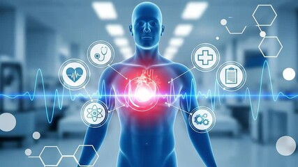 body hologram with futuristic medical technology digital healthcare technology system network connection hologram screen interface online medical examination report surgical operation digital medical  - Powered by Adobe