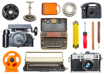 Collection of various retro vintage objects isolated on a transparent background