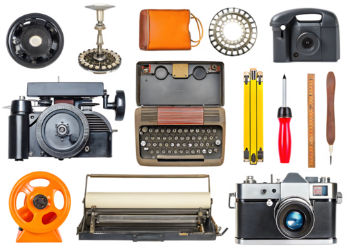 Collection of various retro vintage objects isolated on a transparent background