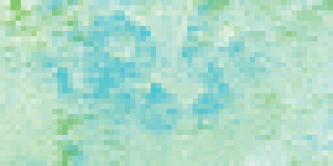 Pixelated depiction of the sea merging with the sky in calming tones of green and blue representing the feeling of serenity and peace