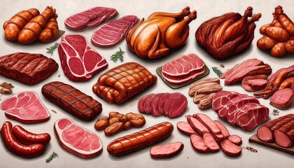 Obraz premium an illustration of various meats including steak bacon sausage chicken and ham on a white background