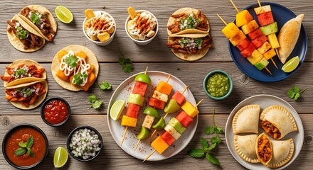 A tantalizing spread of vibrant Mexican cuisine on a rustic wooden surface