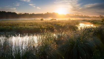 Obraz premium allure of a marsh at daybreak as initial rays of sunlight pierce distant horizon casting ethereal shadows upon swaying grasses while heralding advent of a fresh dawn in this magnificent wetland