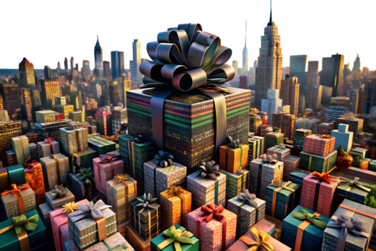 A cityscape filled with gifts, symbolizing urban celebration and holiday spirit, perfect for conveying themes of generosity and festive occasions isolated isolated on transparent background