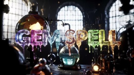 Alchemical laboratory scene featuring "GEM SPELL" text, glass beakers, and arcane contraptions, creating a magical, mysterious atmosphere