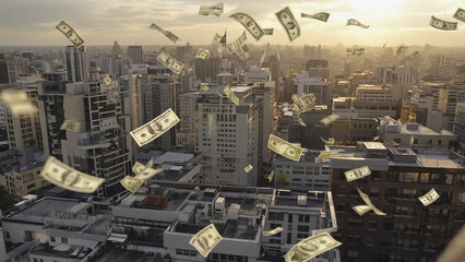Aerial view of a city skyline with dollar bills floating in the air during sunset. Skyscrapers and urban landscape are visible.