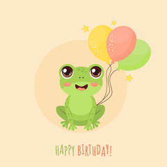 happy birthday card with cute frog. vector illustration.