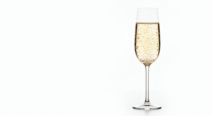 A single flute of champagne filled with sparkling bubbles and a golden hue, perfect for celebrations.