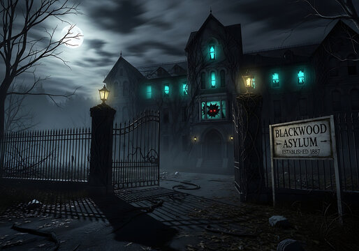 Spooky blackwood asylum at night with full moon