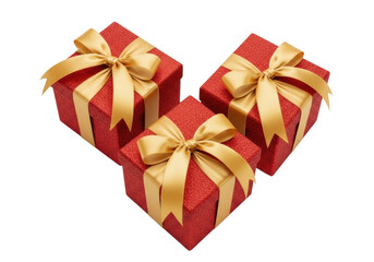 Obraz premium Three identical, exquisite deep red glitter gift boxes with lustrous gold satin bows, arranged on a transparent studio background with no shadows, slightly high-angle shot, concept of luxurious