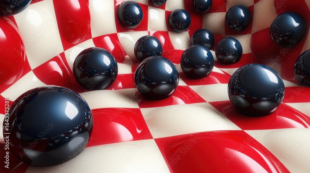 Poster abstract composition, spherical objects on wavy checkered surface