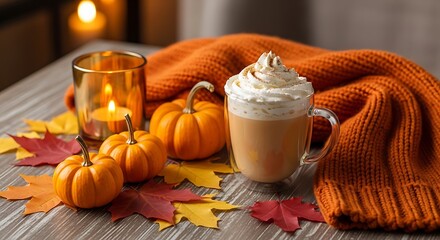 Cozy autumnal scene featuring pumpkin spice latte, pumpkins, and warm candlelight