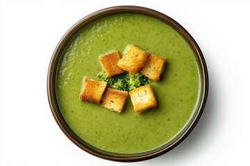 Flat lay of smooth, creamy, gourmet, healthy broccoli soup with croutons in a bowl, white isolated background.