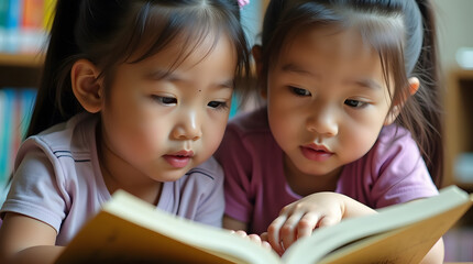 Two young sisters reading a book together. 