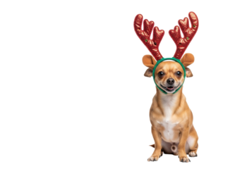 Small light brown chihuahua mix dog with short healthy fur, wearing sparkly red reindeer antlers, looking joyfully at camera with a subtle smile against a transparent studio background with copy