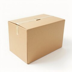 A simple shot of a closed cardboard box sealed with tape on a white background in a studio setting