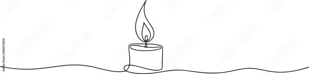 Poster one line drawing of a candle with flame blending into a swirl, minimalist continuous single line art