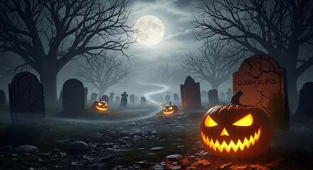 Halloween night scene with pumpkins in a graveyard under a full moon