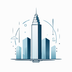 Obraz premium Minimalist skyscraper illustration with geometric shapes. Modern city skyline clipart in blue and gray tones, isolated on a white background.