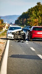 Two cars severely damaged in a head-on collision on a highway