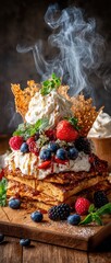Stacked waffles topped with whipped cream, berries, and syrup, with a sprinkle of powdered sugar, and wisps of steam