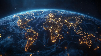 The planet Earth is vividly seen from dark outer space at night, showcasing a vibrant global network of sparkling city lights illuminating the continents.