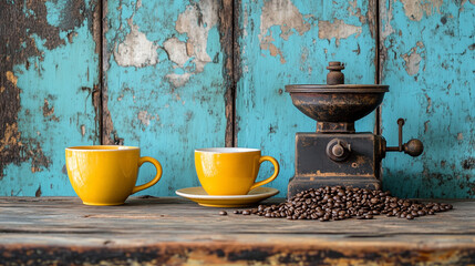A vintage manual coffee grinder with roasted coffee beans sits beside two vibrant yellow cups and saucers on a weathered wooden table, in front of an antique blue wall.