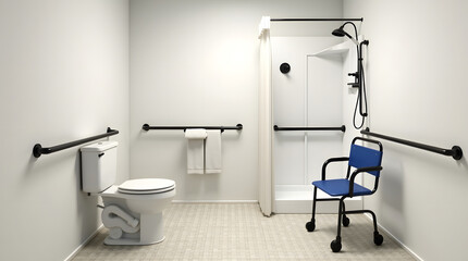 Accessible bathroom with grab bars, shower chair, and adapted toilet, designed for people with disabilities.
