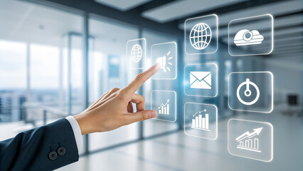 Finger interacting with floating transparent interface icons, modern business technology concept, crystal-clear