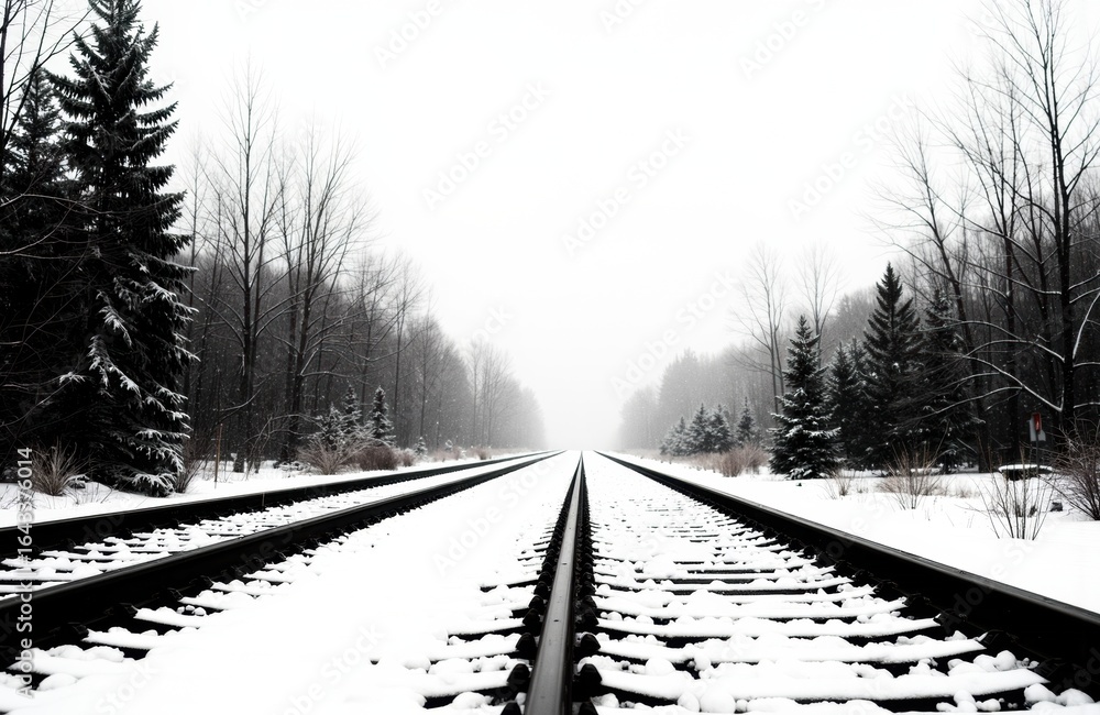 Poster a snow-covered railway track extends into the distance through a winter landscape with bare trees an
