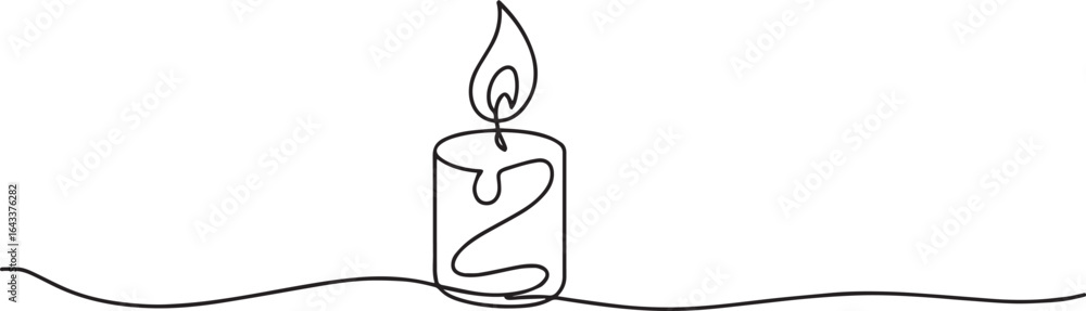Poster one line drawing of a candle with flame blending into a swirl, minimalist continuous single line art