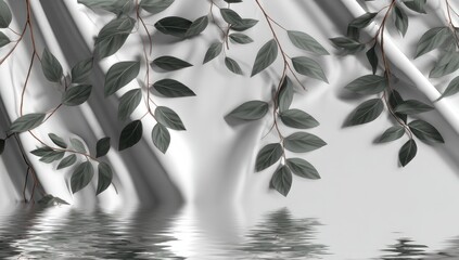 Delicate leaves drape over draped white fabric, reflected in water