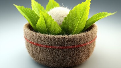 A pale, round object rests amidst vibrant green leaves in a textured, woven bowl