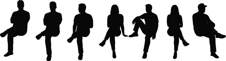 Silhouette of people sitting casually on invisible chair, man and woman in relaxed pose, perfect for design, mockup, or presentation