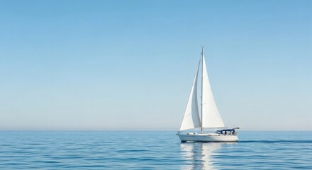 Fototapeta premium Whisked away on a tranquil sea, a white sailboat glides across the calm blue ocean under a clear sky.