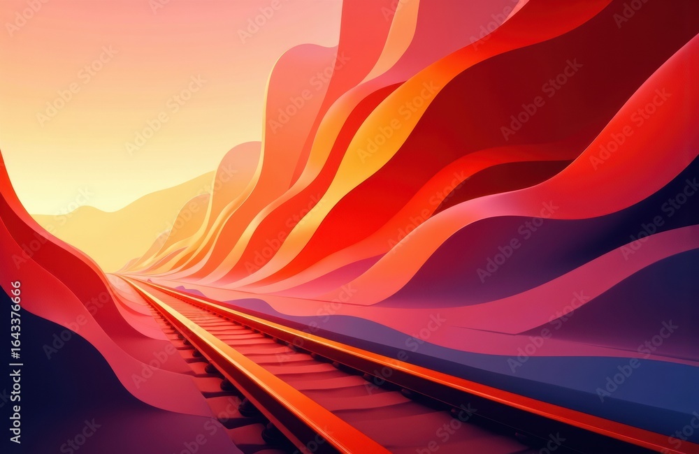 Poster vivid abstract landscape with colorful flowing shapes and railway tracks extending into the distance