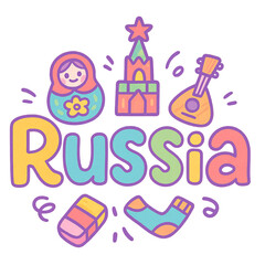 Naklejka premium Isolated Transparent, PNG Die Cut, Colorful and Playful Illustration Representing Russia with Matryoshka Doll, Iconic Architecture, Musical Instrument, and Cultural Symbols