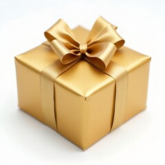 A single golden wrapped gift box with a matching bow on a plain white surface for a celebration